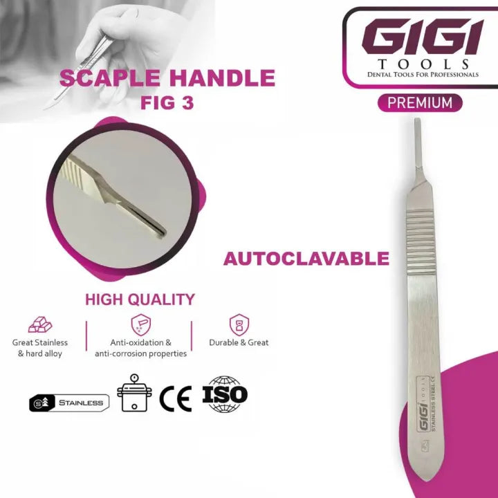 GIGI Tools Fig 3 Medical Knife Handle Surgical Grade Steel CE Approved Reusable Blade Grip Dental Instrument