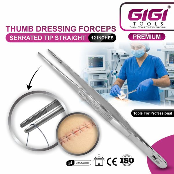 Thumb Dressing Forceps (Serrated Tip, Straight)