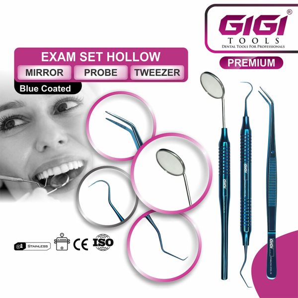 Dental Exam Set – 3-Piece Hollow Handle Mirror, Probe & Tweezers (Blue)