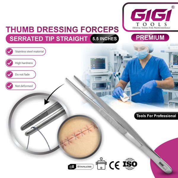 Thumb Dressing Forceps (Serrated Tip, Straight)
