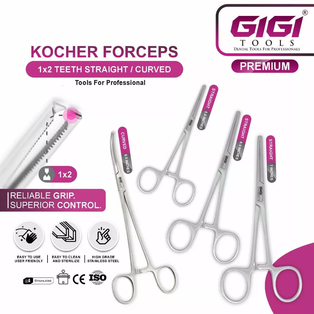 Professional Kocher Forceps 1x2 Teeth - Straight & Curved Configurations