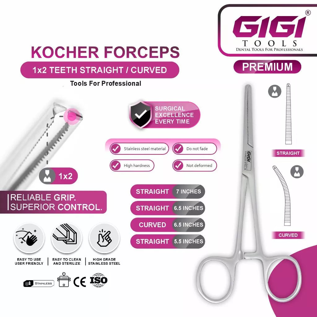 Professional Kocher Forceps 1x2 Teeth - Straight & Curved Configurations